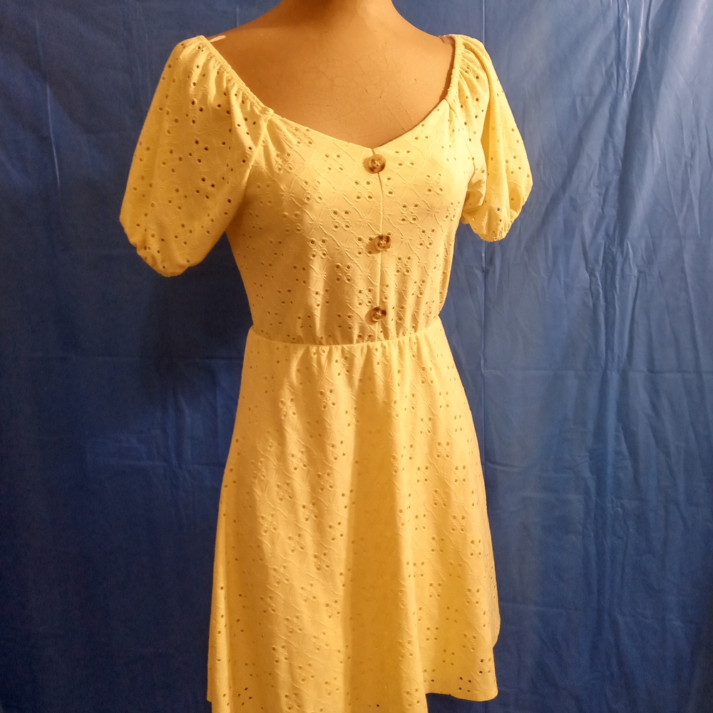 Sunshine Eyelet Puff-Sleeve Mini Dress in Yellow